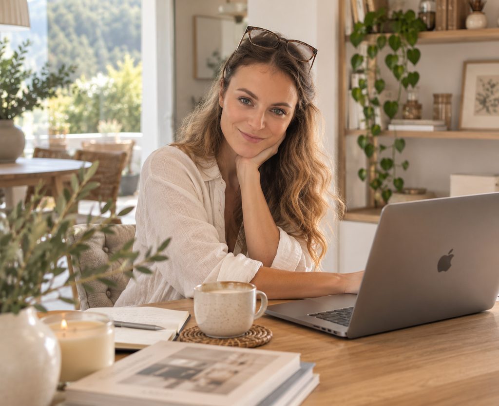 Viktória, creator of House of Useful, sitting at a table with her laptop