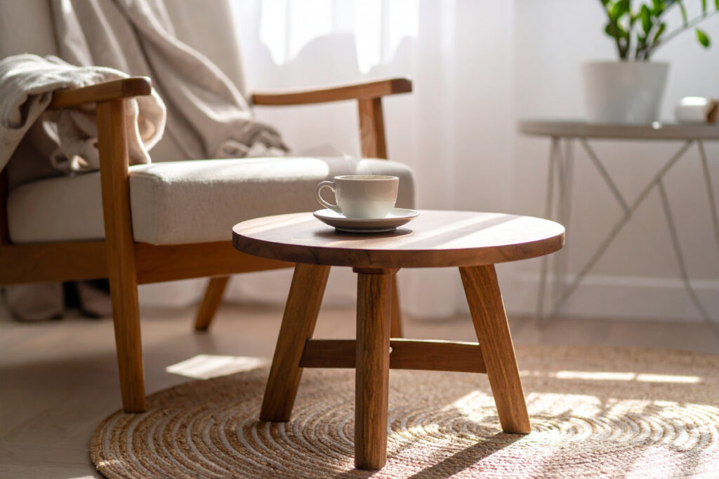 Cozy reading corner with a comfortable armchair and wooden coffee table