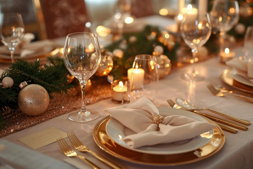 Elegant Christmas table decor with candles, evergreen greenery, gold accents and white napkins.