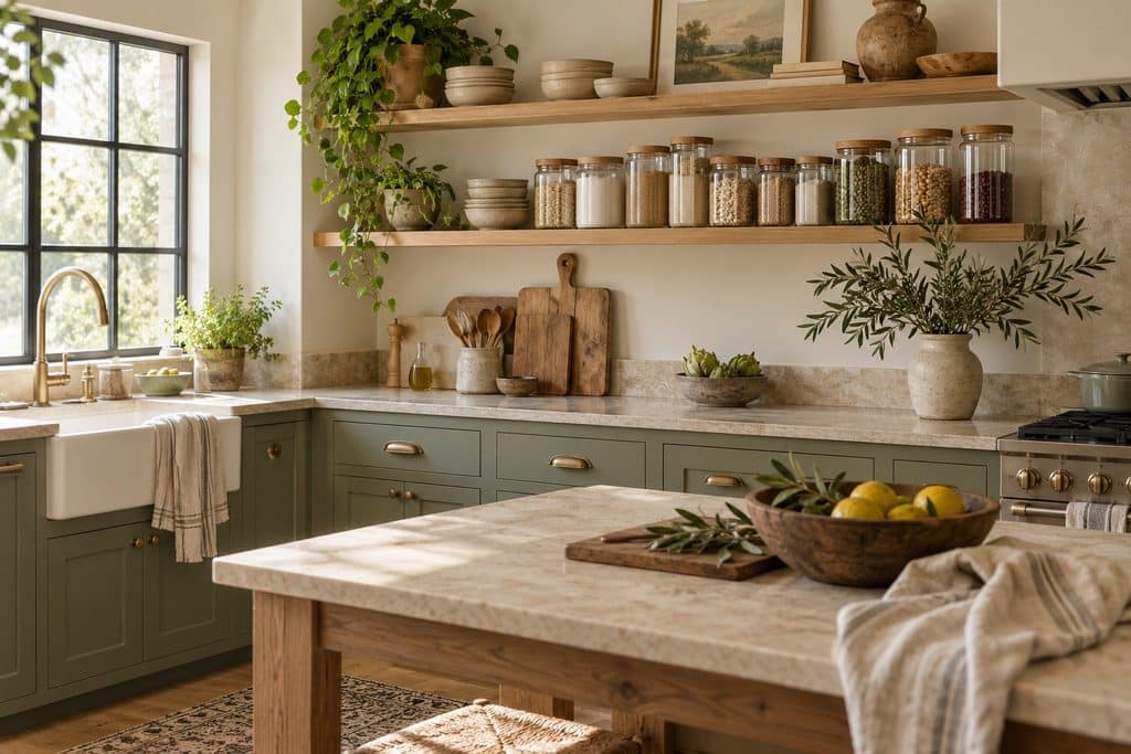Sage green kitchen with open shelves, storage jars and a wooden island.