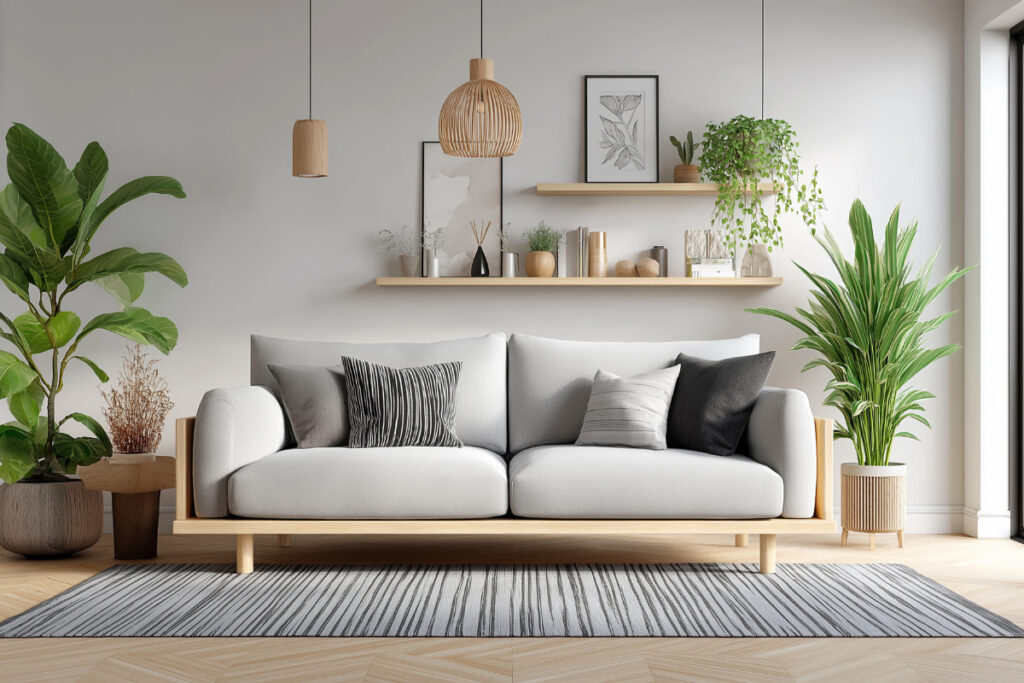 Peaceful living room with indoor plants and neutral furniture